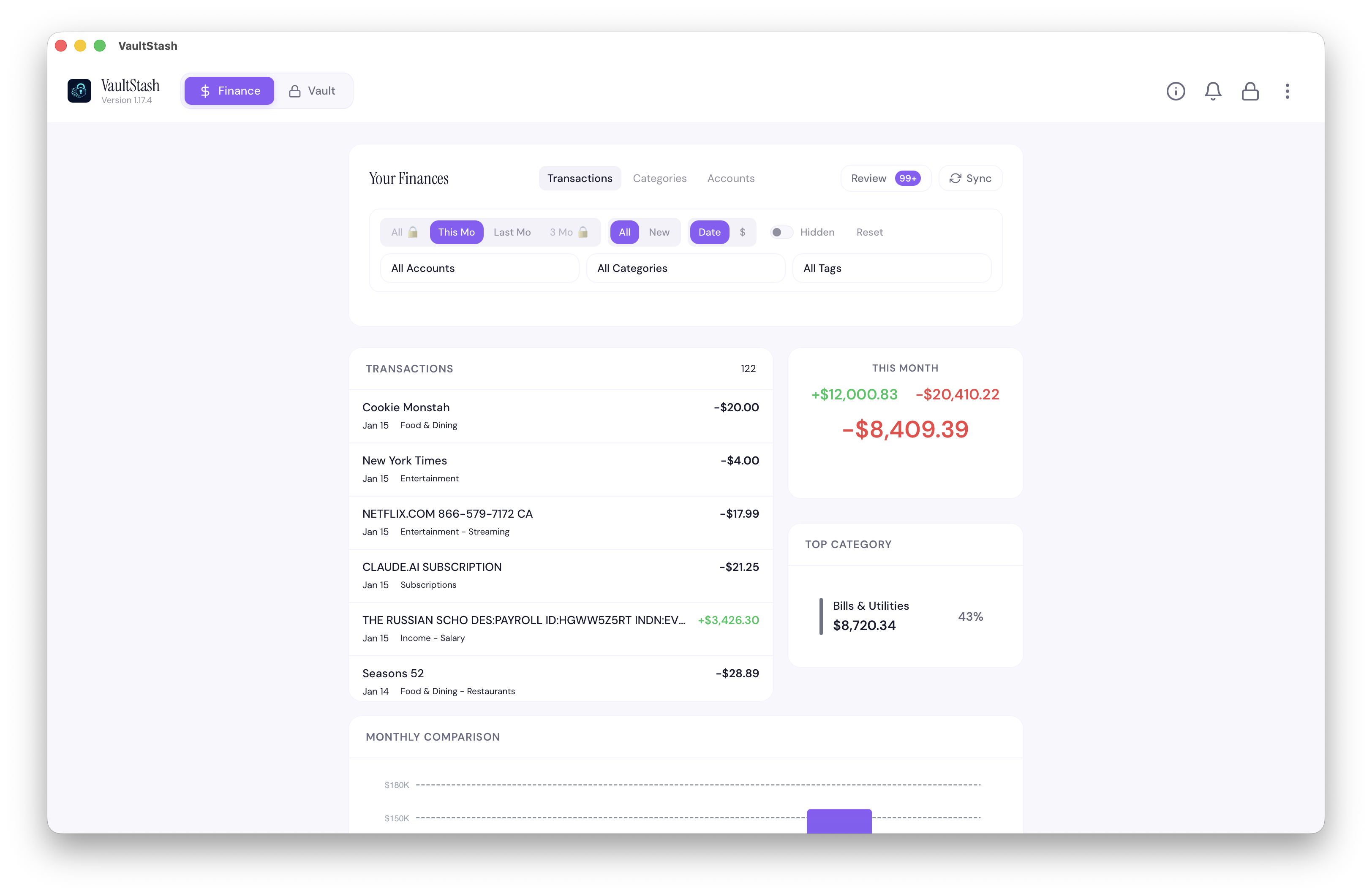 VaultStash finance dashboard with transactions