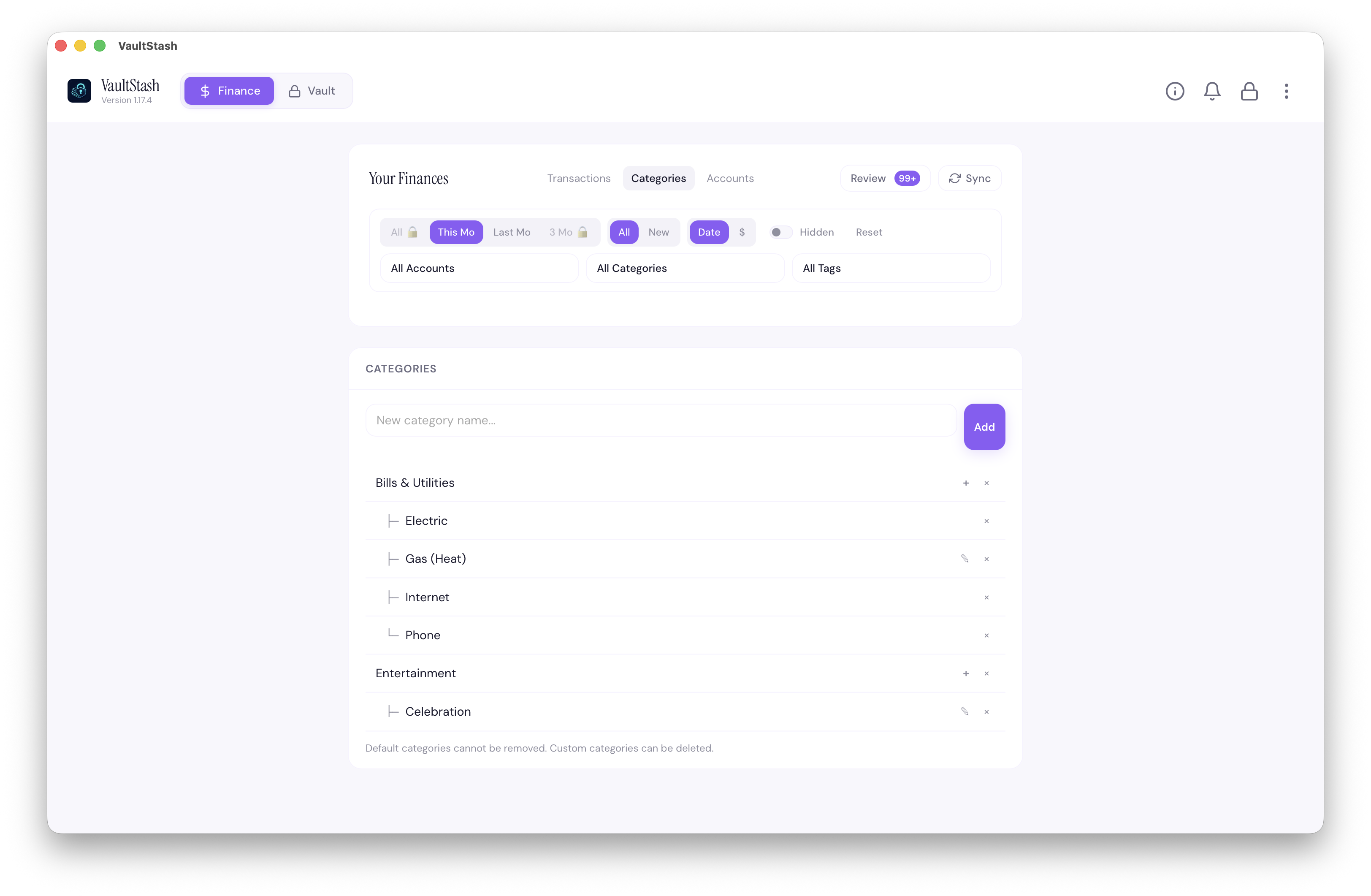 VaultStash category management