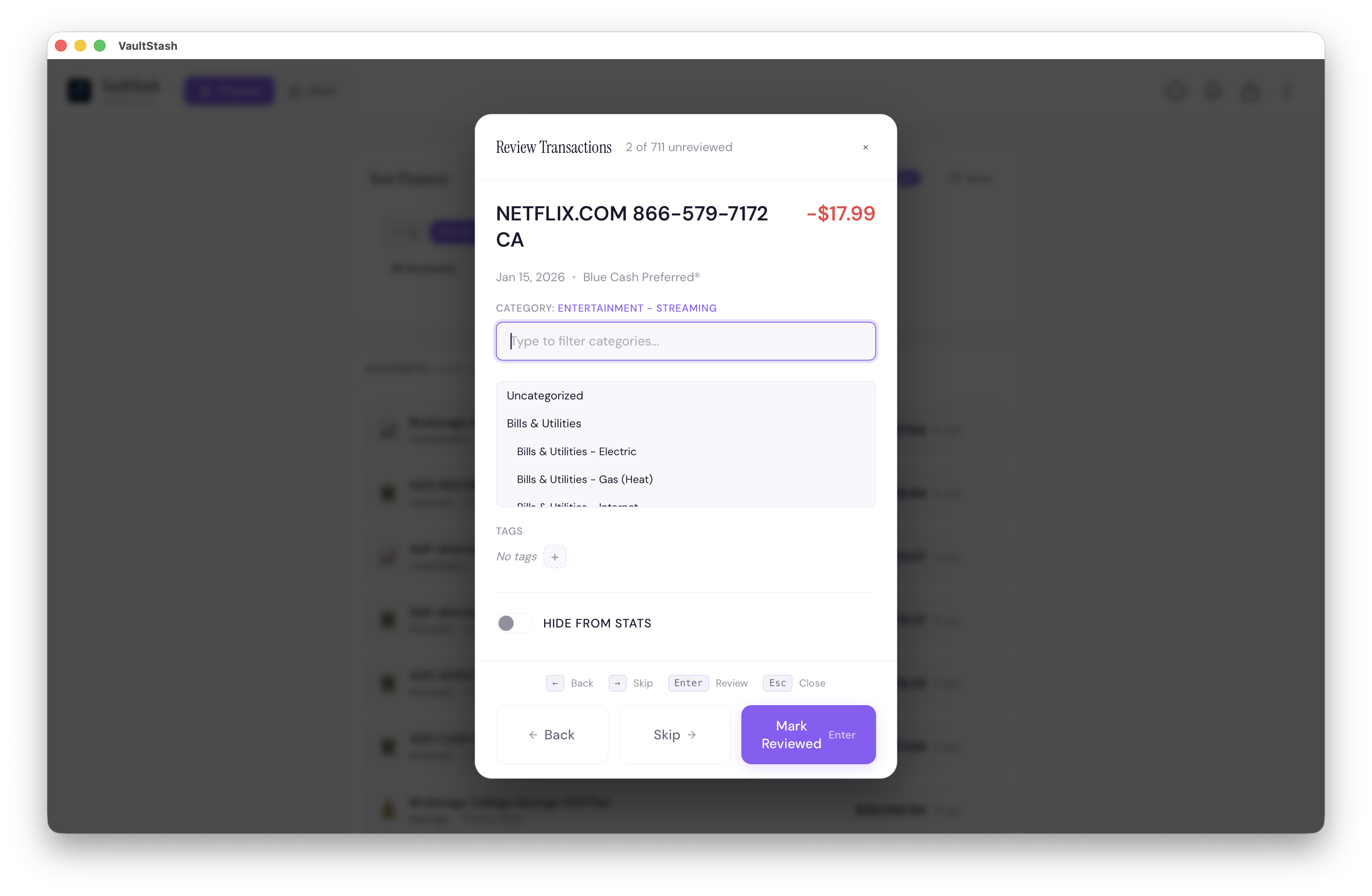 VaultStash transaction review
